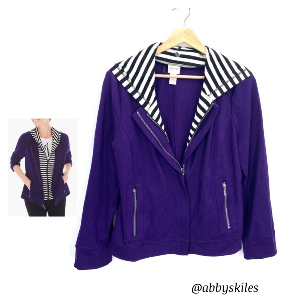 Chico’s ZENERGY Valerie Stripe Inset Purple Full Zip Convertible Jacket Medium